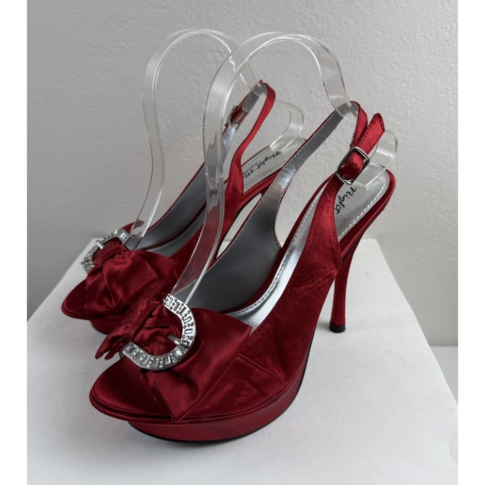 Y2K Night Moves Red Bow Satin Rhinestone Buckle Platform Slingback Heels Size 8 - Picture 3 of 10